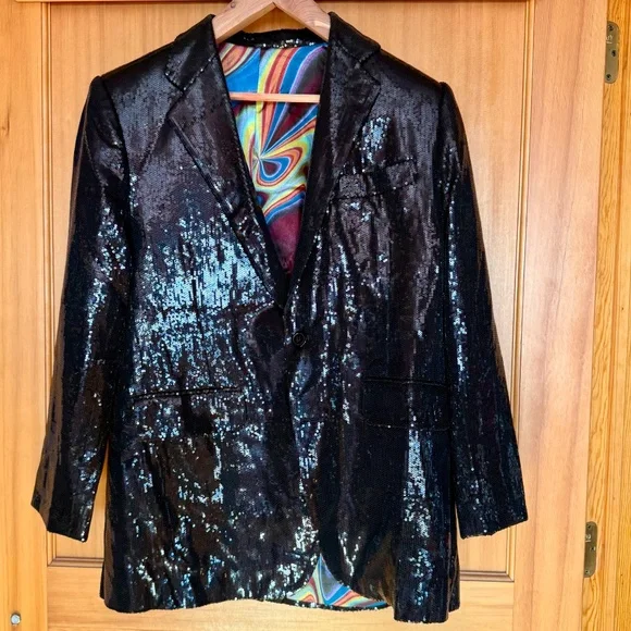 Men’s Black Sequin Blazer Jacket Made in USA Large 42R Disco Eras Tour NYE